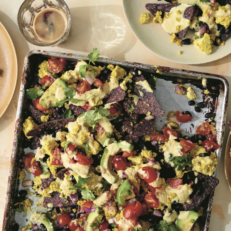 Loaded Vegan Breakfast Nachos With Cashew Cheese Sauce and Tofu Scramble